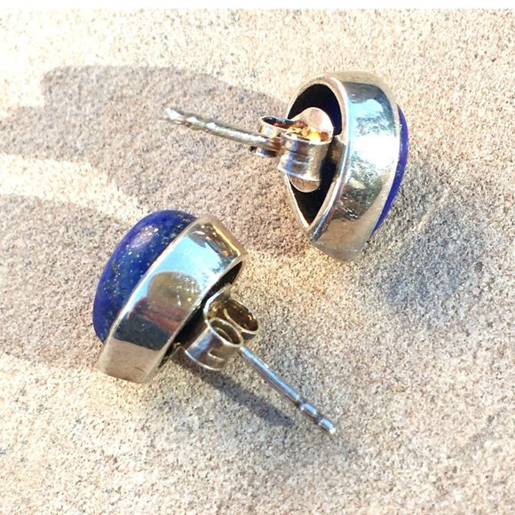 Genuine Lapis Lazuli .925 Stud Earrings Teardrop Pear-Shaped Sterling Silver - Picture 5 of 16